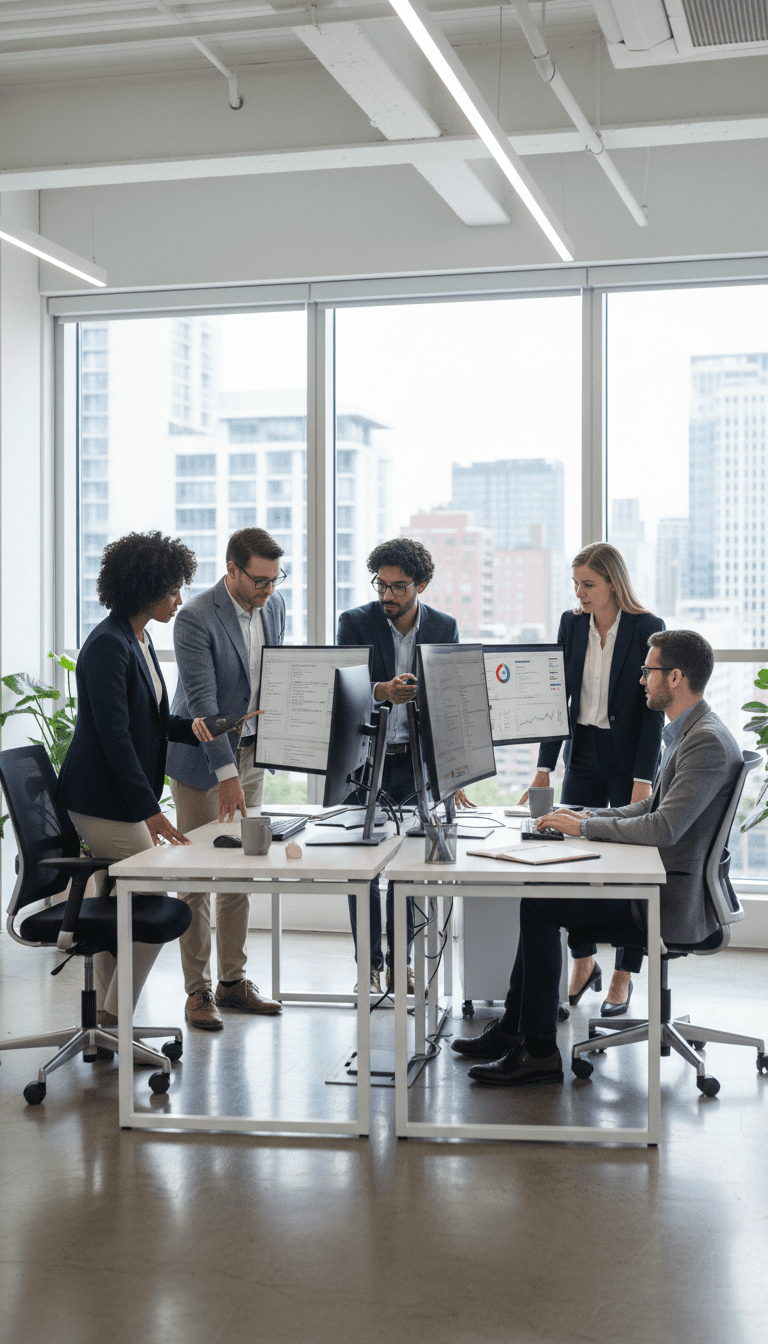 Business team collaborating at desk with multiple computer monitors in bright modern office