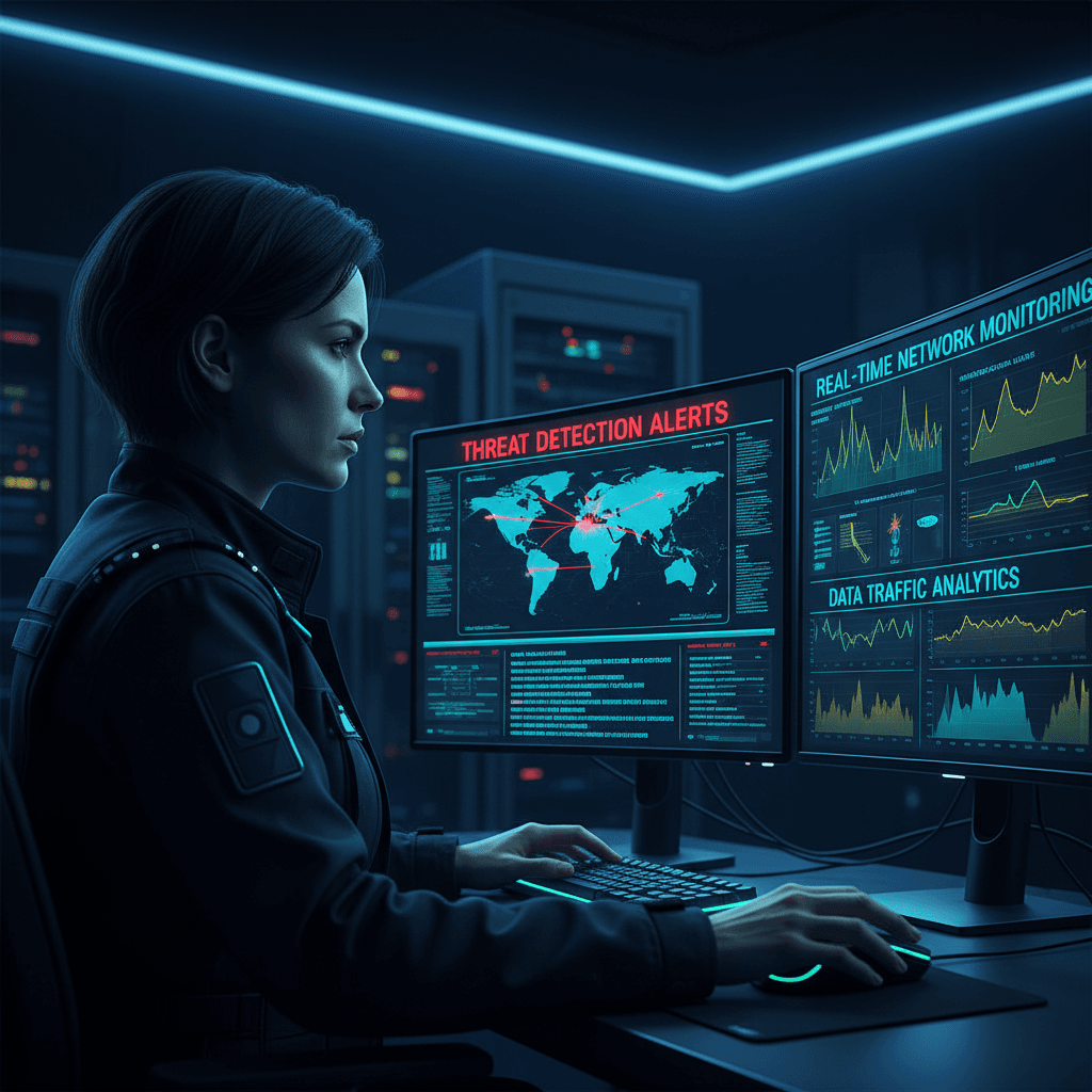 cybersecurity professional monitoring network security dashboard with threat detection alerts and real-time monitoring