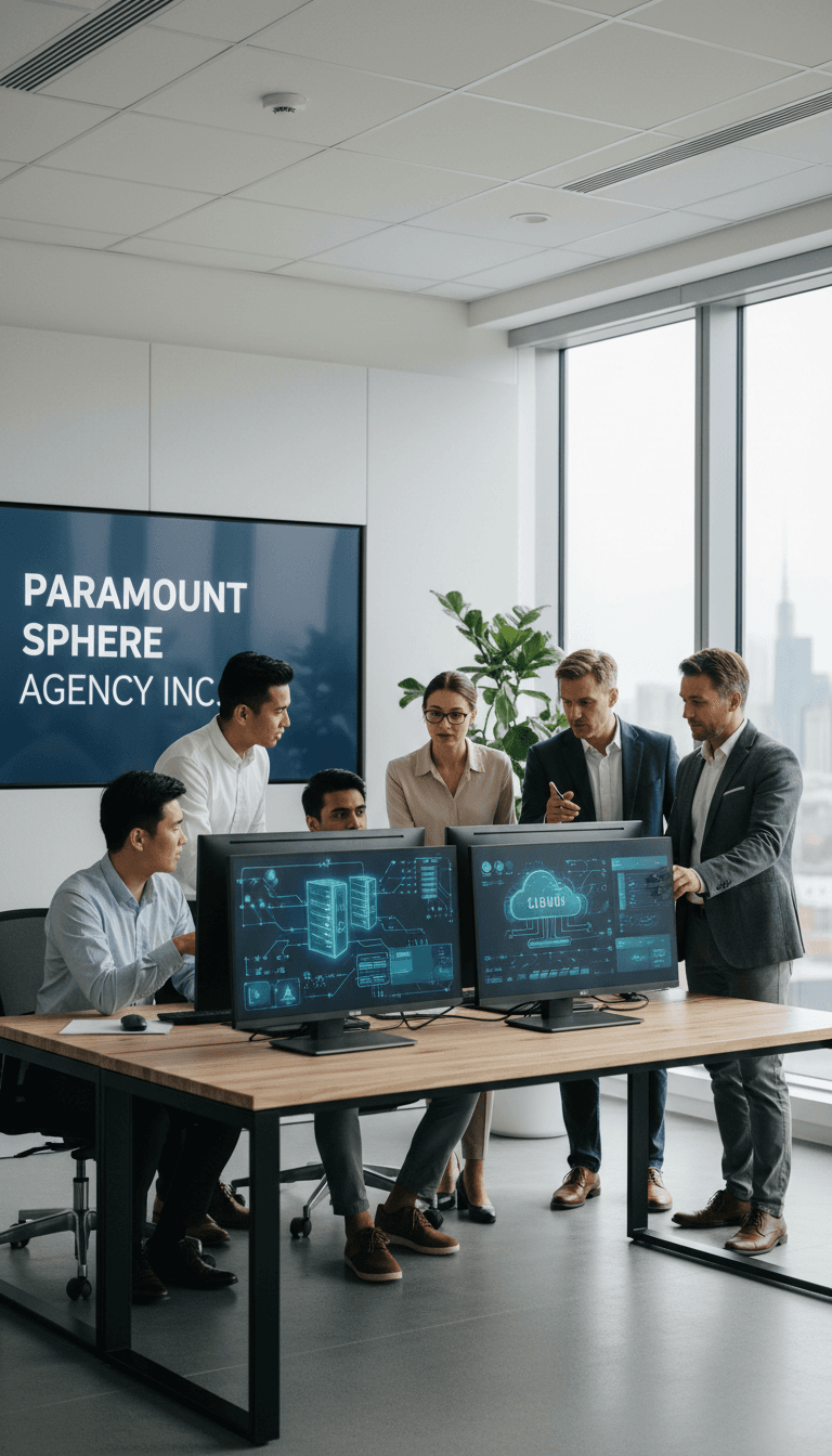Business team collaborating at desk with multiple computer monitors in bright modern office