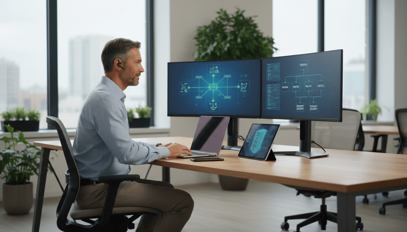 IT professional working at office desk with technology